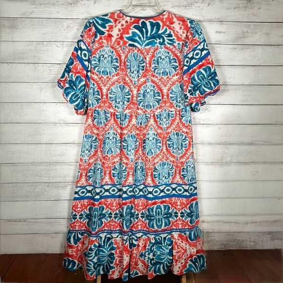 Figueroa & Flower Puff Sleeve Bohemian Maxi Ruffle Hem Coral Turquoise Dress L - Picture 2 of 11